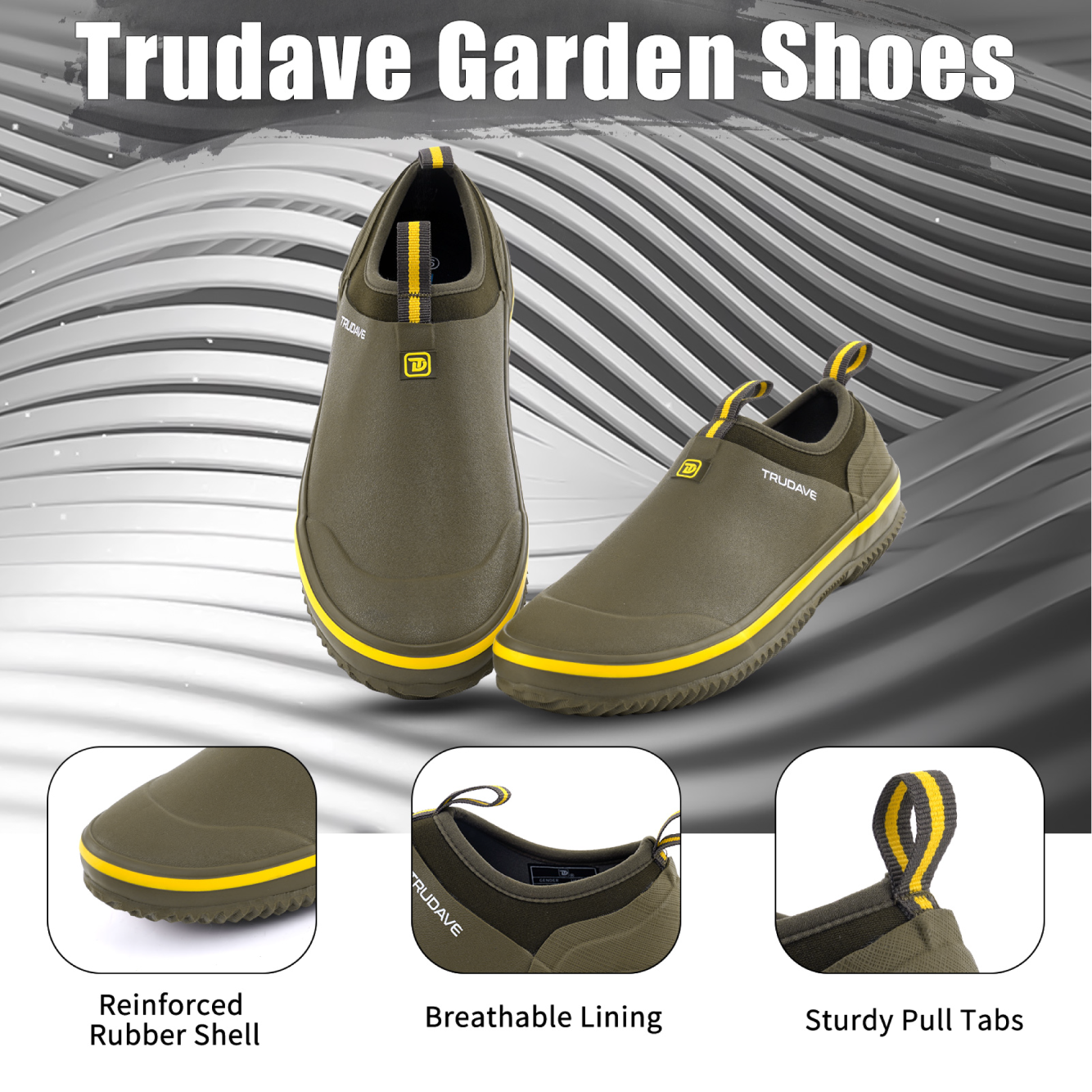 alt="Detail close-up of Trudave GreenStep Series waterproof slip-on garden shoes in olive green color showing reinforced rubber shell, breathable lining, and sturdy pull tabs for easy wear, durable protection, and comfort during gardening and outdoor activities"